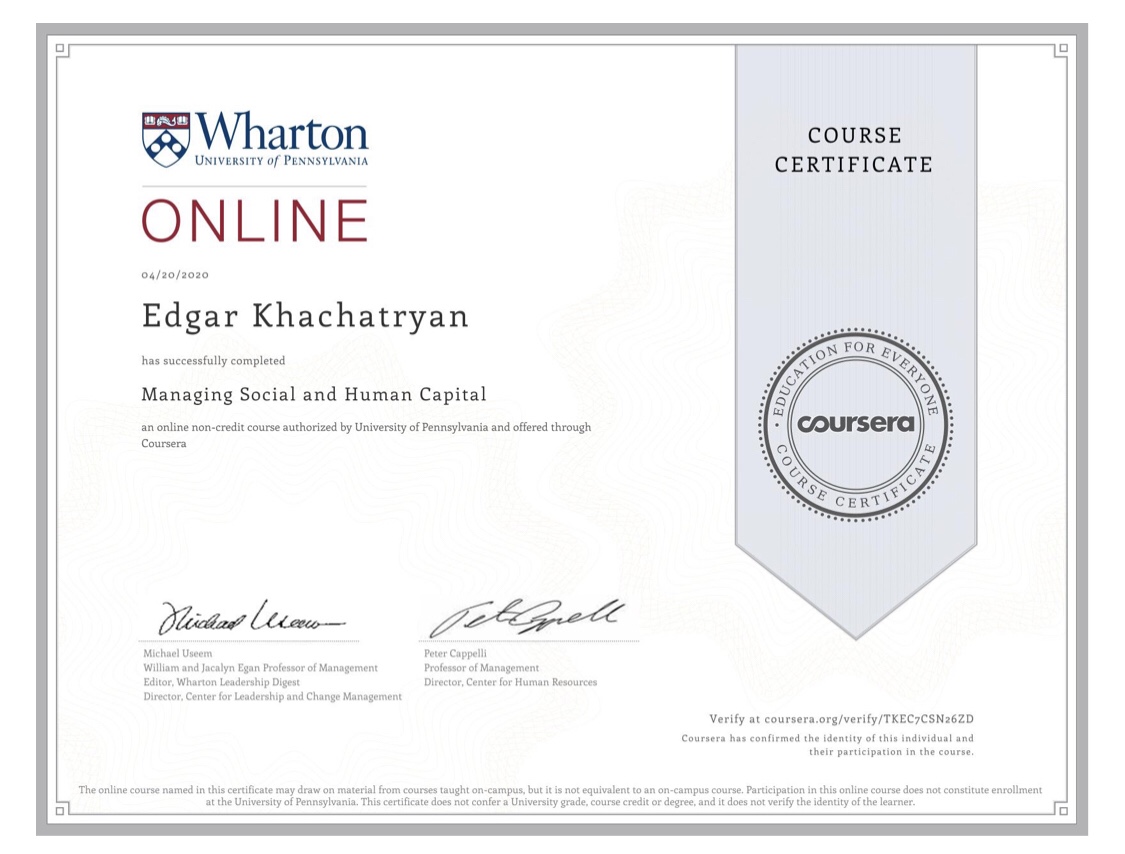 Certificate from Wharton