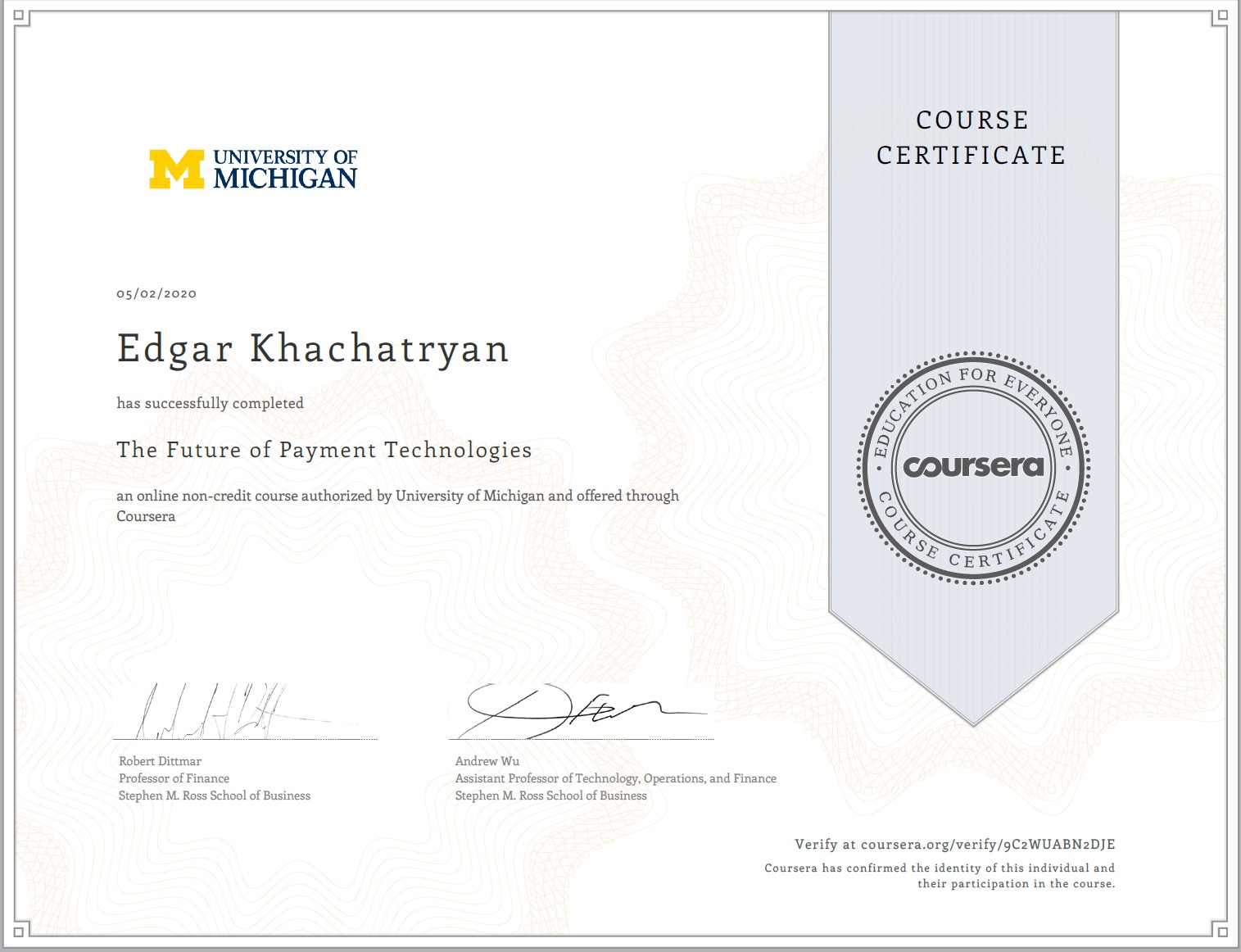 Certificate from University of Michigan Edgar Khachatryan